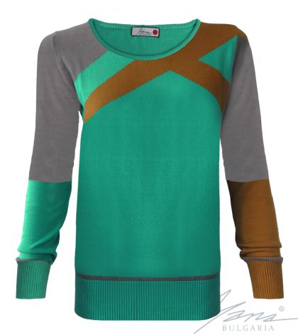 Dámsky trikolórový sveter s intarziou do O-neck zelená