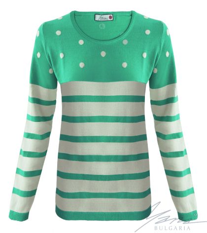 Dámsky dvojfarebný vykladaný sveter s "O" výstrihom zelenej farby