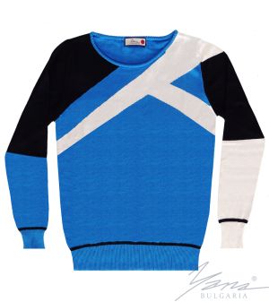 Women's three-color intarsia sweater "O" neckline blue