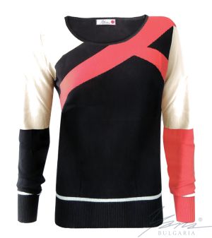 Dámsky trikolórový sveter s intarziou do O-neck čierny